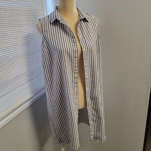 Beach Lunch Lounge Linen Shirt Dress Striped Sleeveless Fringe Hem Size Small